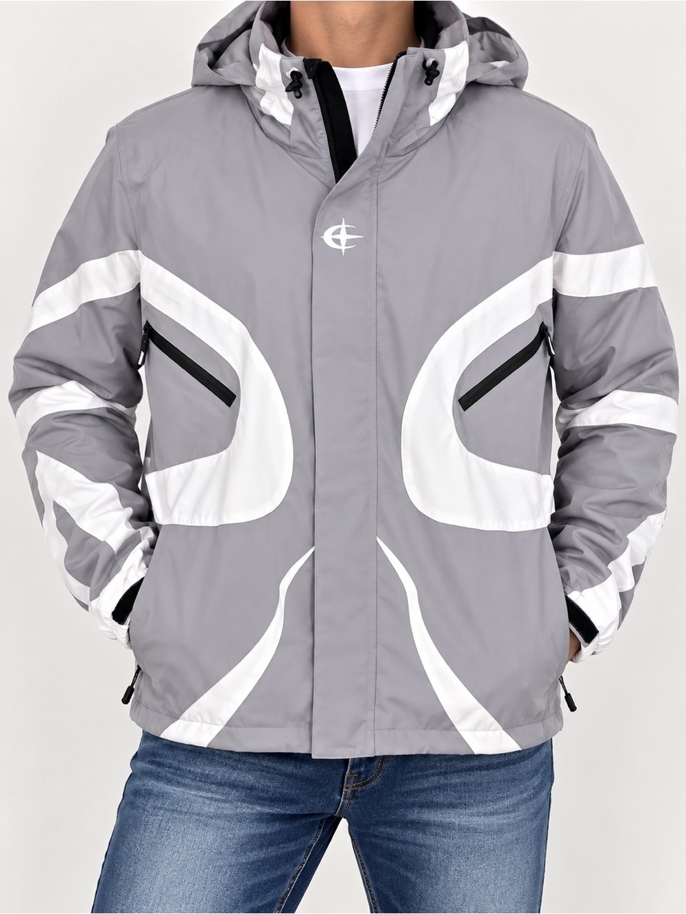 Gray & White Hooded Windbreaker Jacket Size Large
